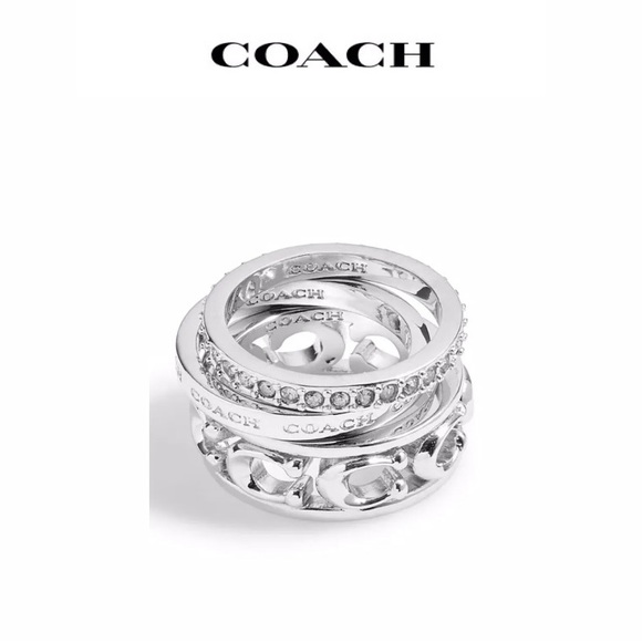 NWT COACH Signature Openwork Silver-plated Brass Glass Crystal 3 Ring Set - Picture 2 of 6